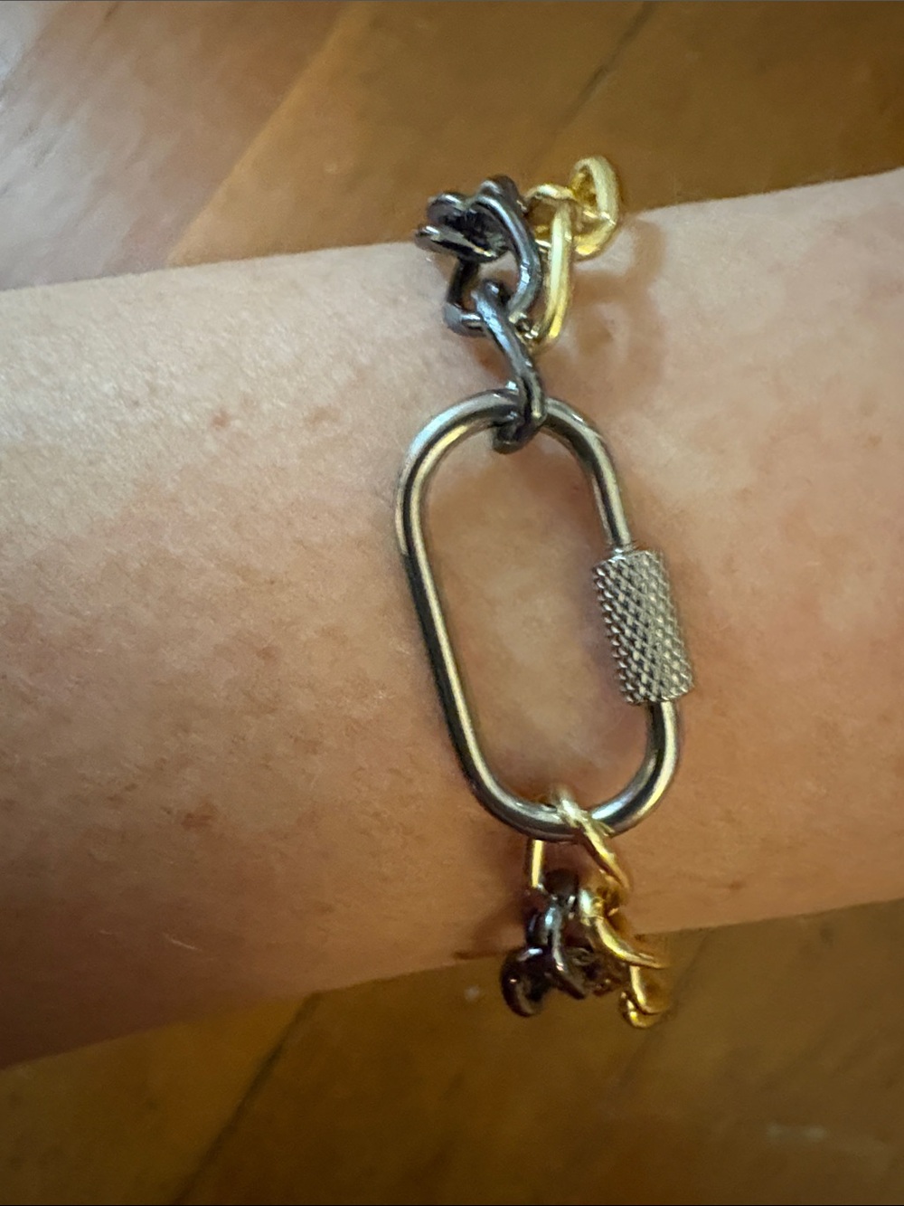 Hand-Craftrd Silver, Gold And Black Carabiner Link Bracelet